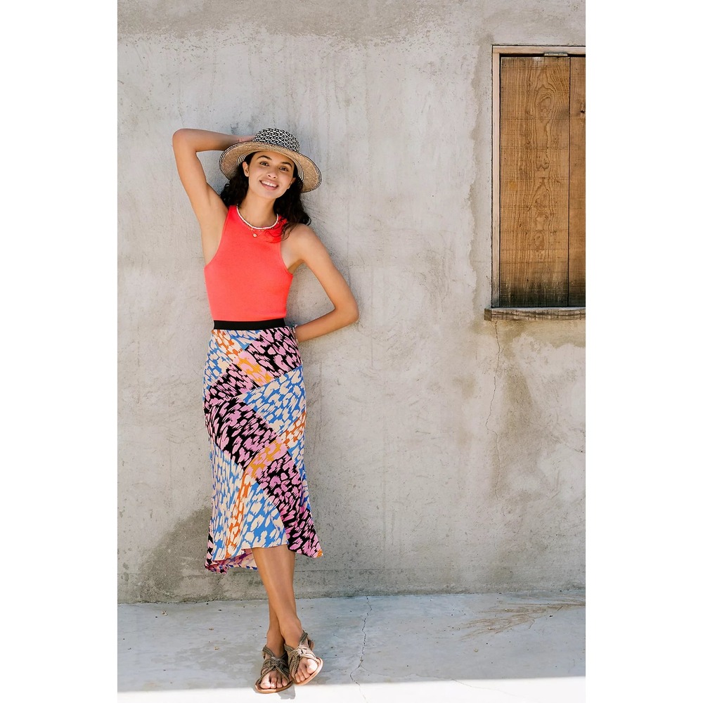 Anthropologie Corey Lynn Calter Bias Midi Leopard Slip Skirt L Colorful Slit